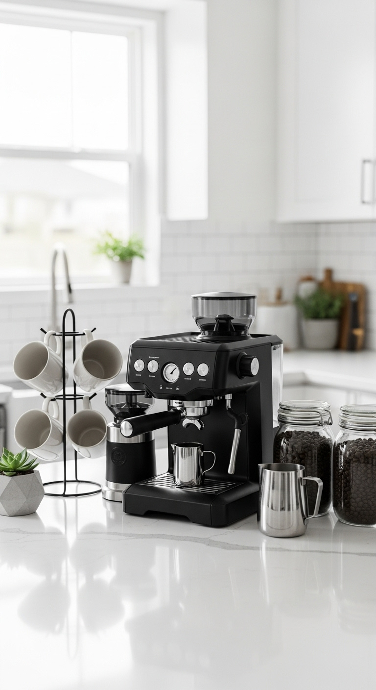 Organized coffee corner with sleek black espresso machine coffee grinder glass jars of beans mug tree and ceramic mugs on white quartz countertop