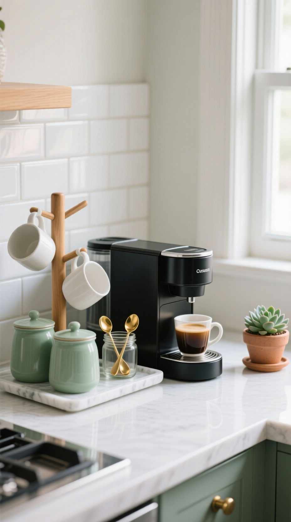 Organized coffee station in kitchen corner with black coffee machine sage green canisters and wooden mug tree