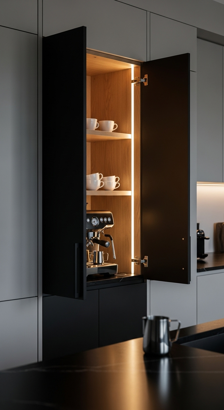Organized kitchen espresso station with stainless steel machine and quartz counter