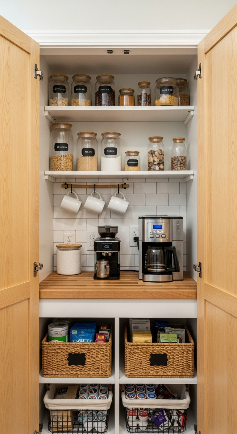 Organized pantry coffee station with butcher block counter coffee maker glass canisters and hanging mugs
