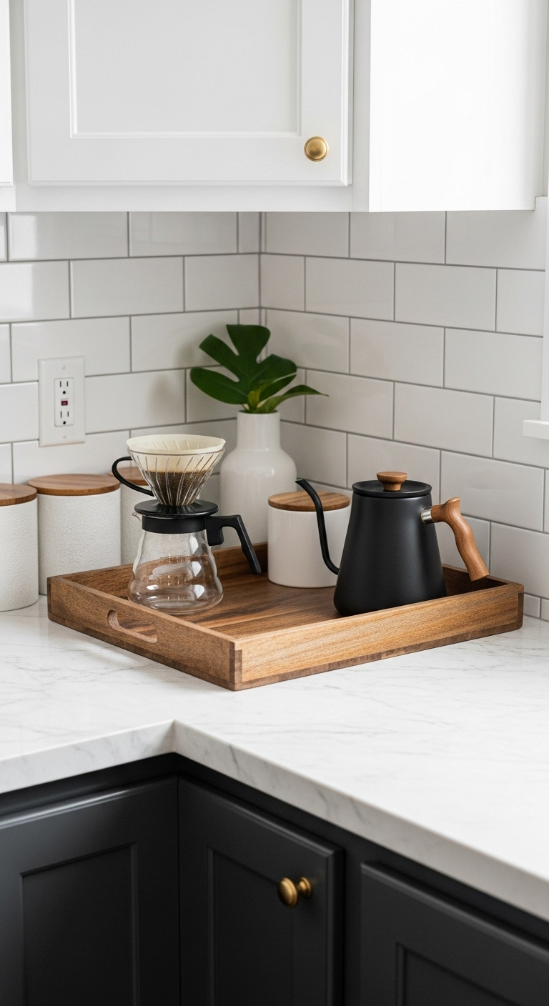 Organized white marble countertop coffee corner with a rustic wooden tray pour over maker canisters and a green leaf
