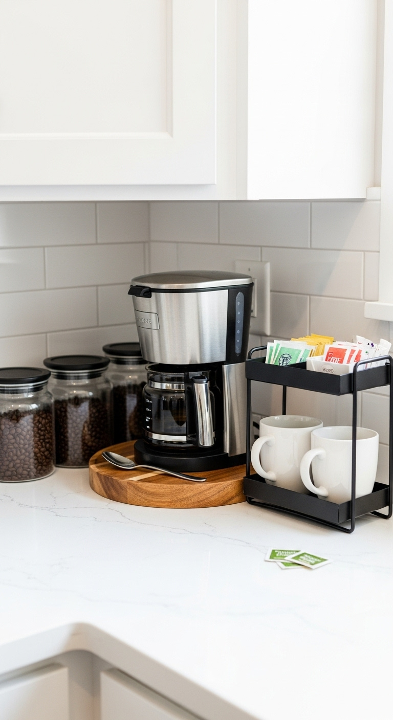 Organized white quartz counter corner coffee station with a drip coffee maker tiered stand glass canisters and mugs