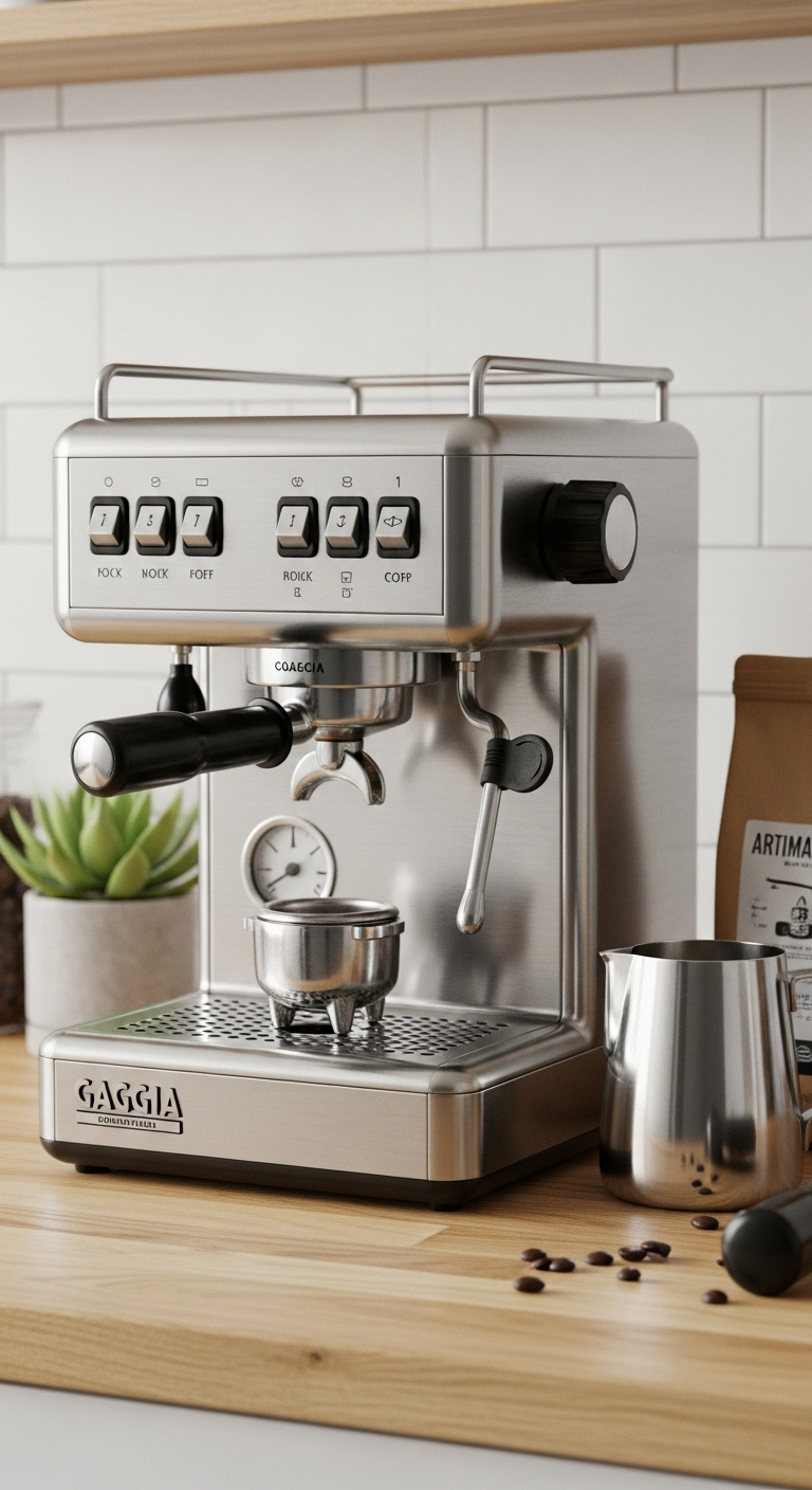 Original Gaggia Classic espresso machine with rocker switches stainless steel body portafilter milk pitcher coffee beans and succulent