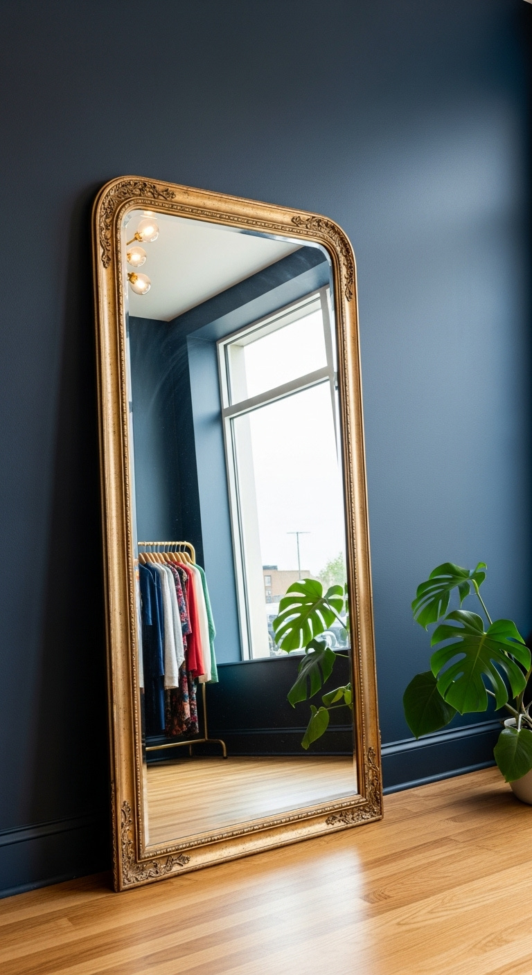 Ornate gold framed mirror in a small retail boutique entryway reflecting colorful clothing and a window creating depth and light
