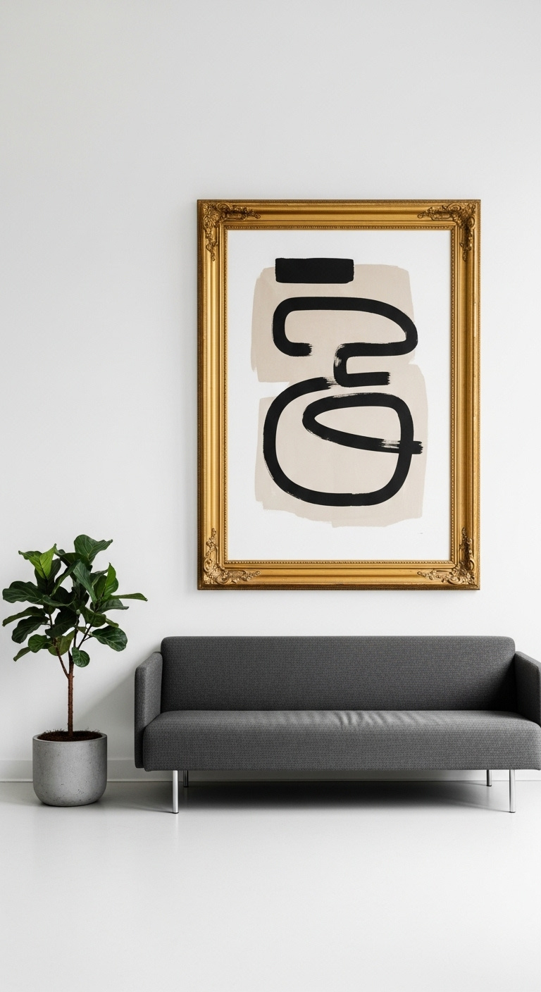 Oversized minimalist abstract art in a thrifted ornate gold frame above a sleek sofa in a business reception area creating artistic sophistication