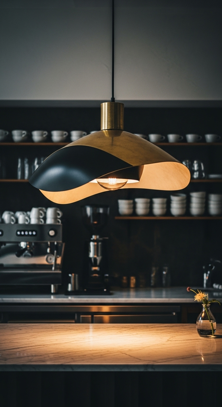 Oversized sculptural brass and black metal pendant light hanging over a central coffee bar with marble countertop and espresso machine