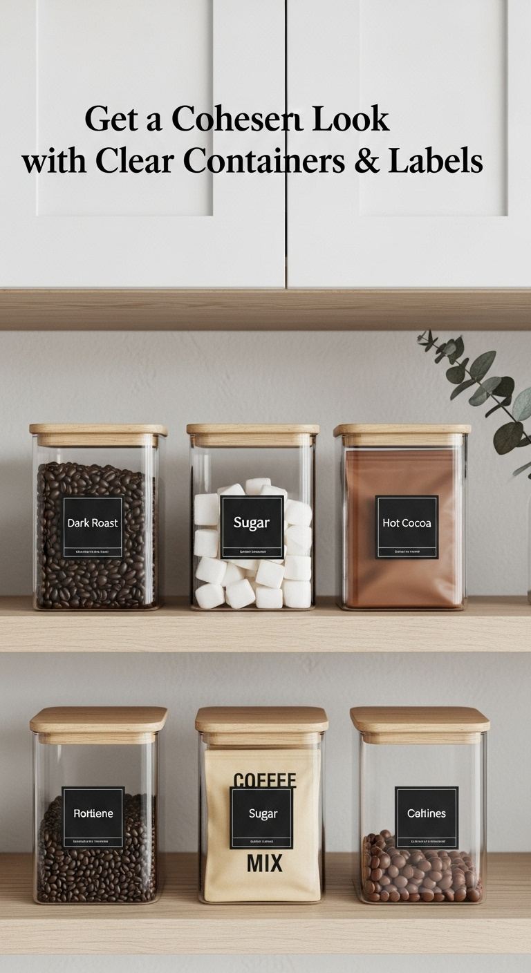 Pantry shelves with clear glass containers of coffee beans sugar and hot cocoa mix with minimalist labels