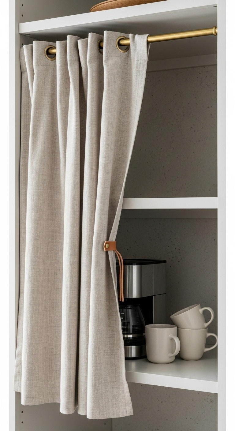 Pantry with natural linen cafe curtain partially revealing coffee maker and mugs inside