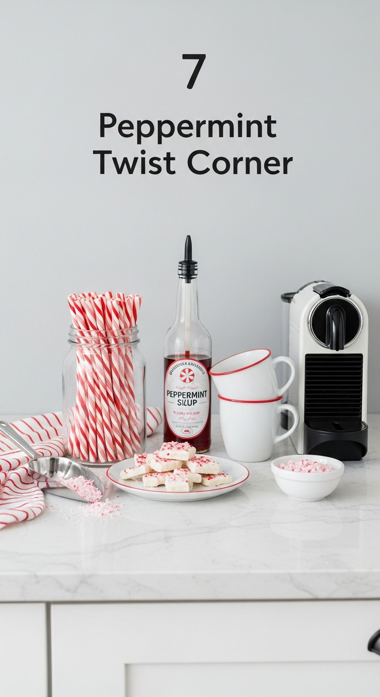 Peppermint themed coffee bar with glass jar of peppermint sticks syrup and peppermint bark on a white quartz countertop