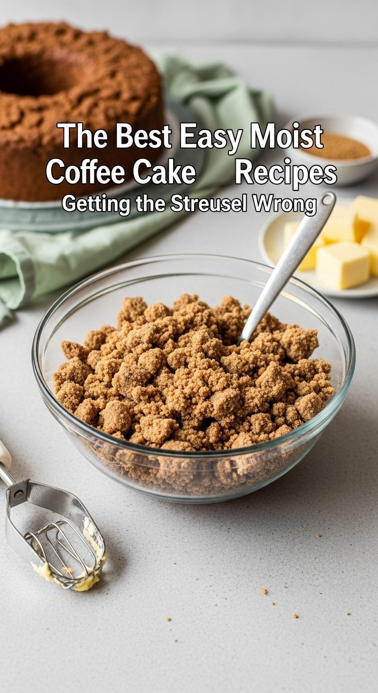 Perfect streusel topping with pea sized crumbles in a glass bowl on a light grey concrete surface with pastry blender and cold butter