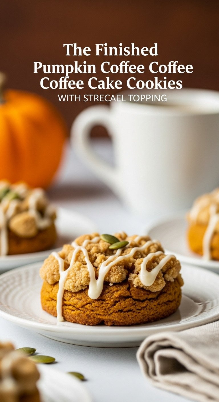 Perfectly baked pumpkin coffee cake cookie with streusel and vanilla glaze on an elegant white plate with pumpkin seeds and coffee