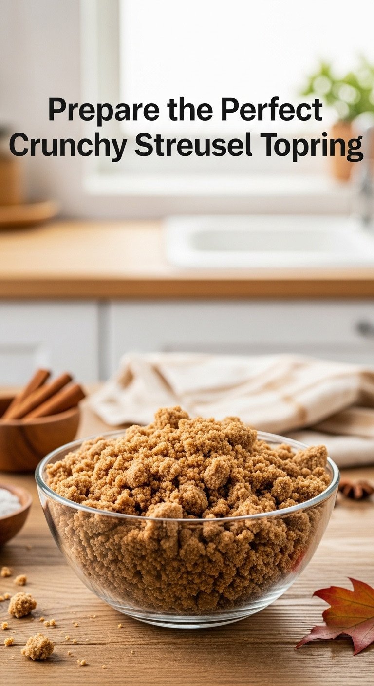 Perfectly crumbly streusel topping in a glass bowl on a rustic wooden table with cinnamon sticks and autumn leaf