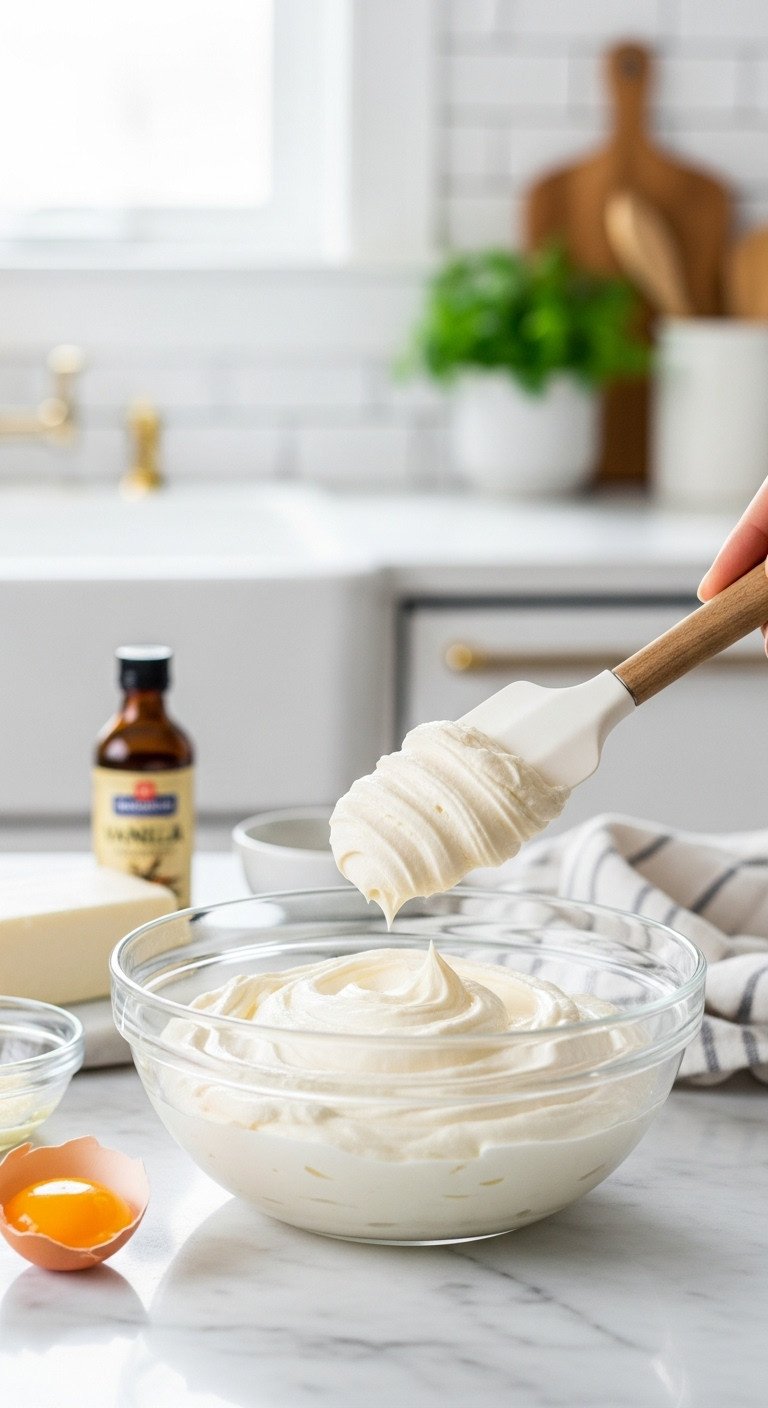 Perfectly smooth whipped cream cheese filling in a glass bowl with a spatula on a white marble countertop with cream cheese and vanilla extract