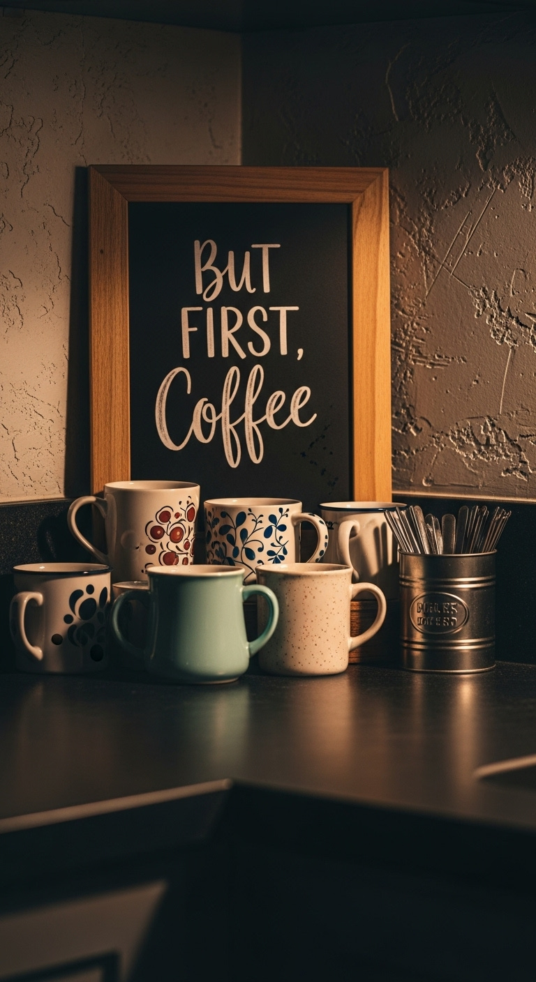 Personalized coffee bar with a framed chalkboard sign But First Coffee and mismatched vintage mugs on a dark countertop
