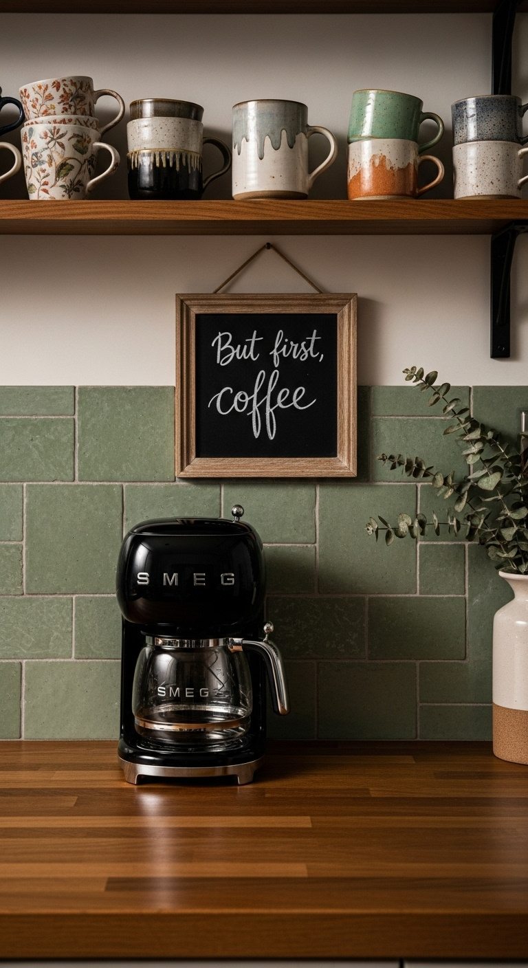 Personalized coffee bar with stylish decor, green Zellige tile backsplash, Smeg coffee maker, and colorful mugs