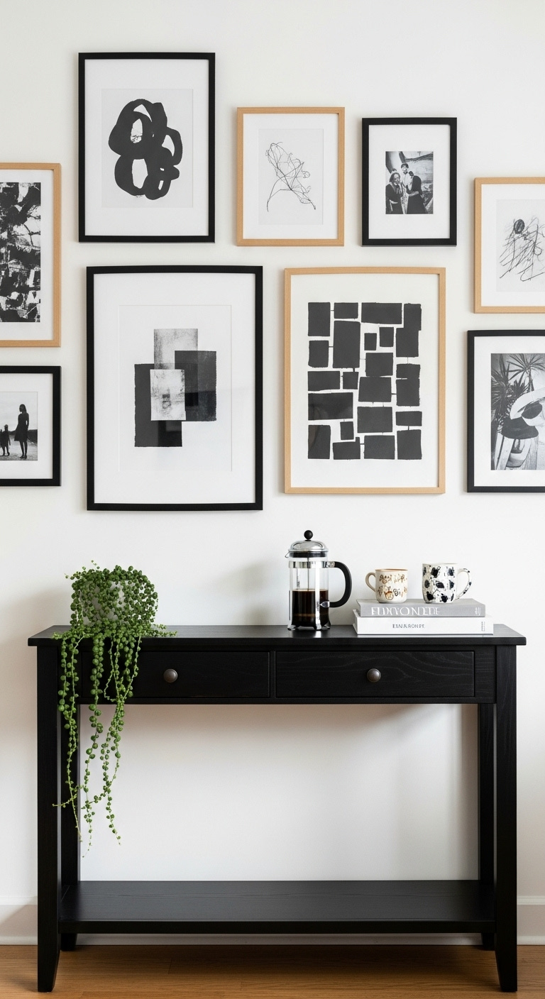 Personalized gallery wall coffee station with black console table French press and framed art
