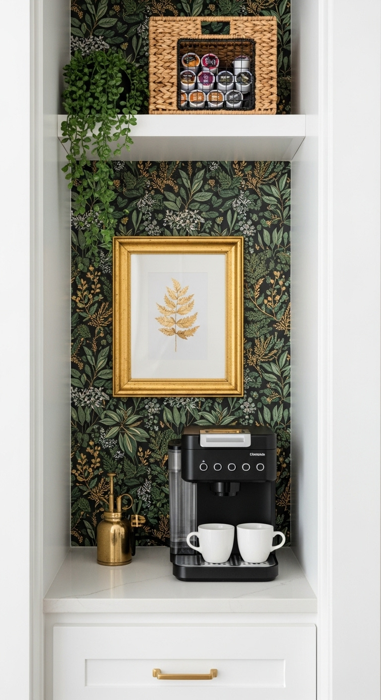 Personalized pantry coffee nook with dark green gold botanical wallpaper framed art and woven basket