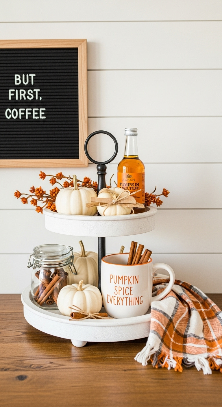 Personalized seasonal stylist's coffee bar styled for autumn with tiered tray pumpkins and "But First Coffee" letter board