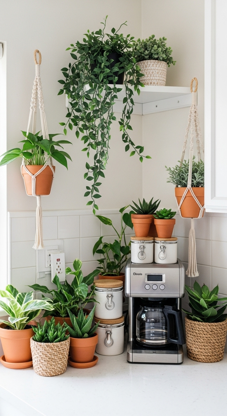 Plant filled coffee corner with a variety of small plants and greenery surrounding a coffee maker and canisters on a countertop