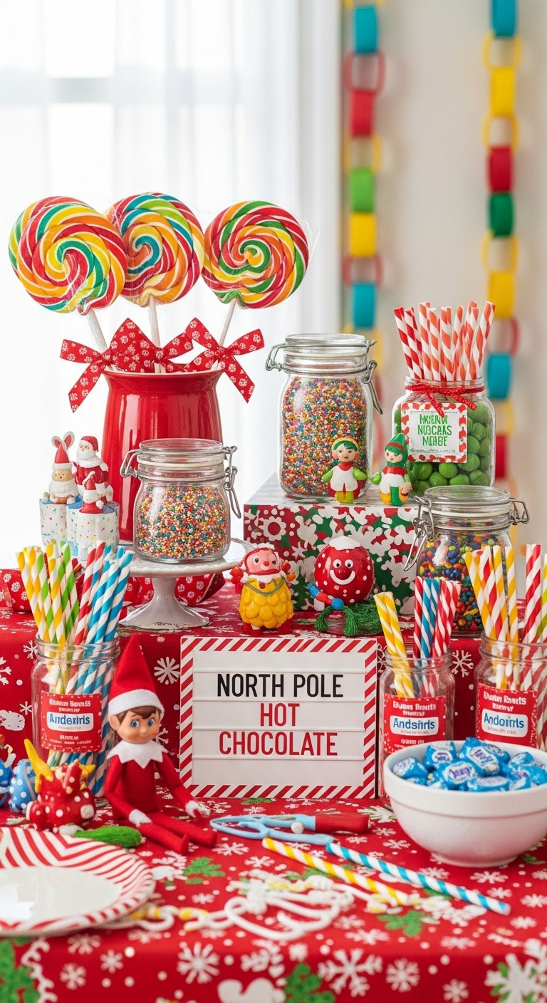 Playful Santa's workshop themed hot cocoa bar with colorful sprinkles candies oversized lollipops and a North Pole Hot Chocolate sign