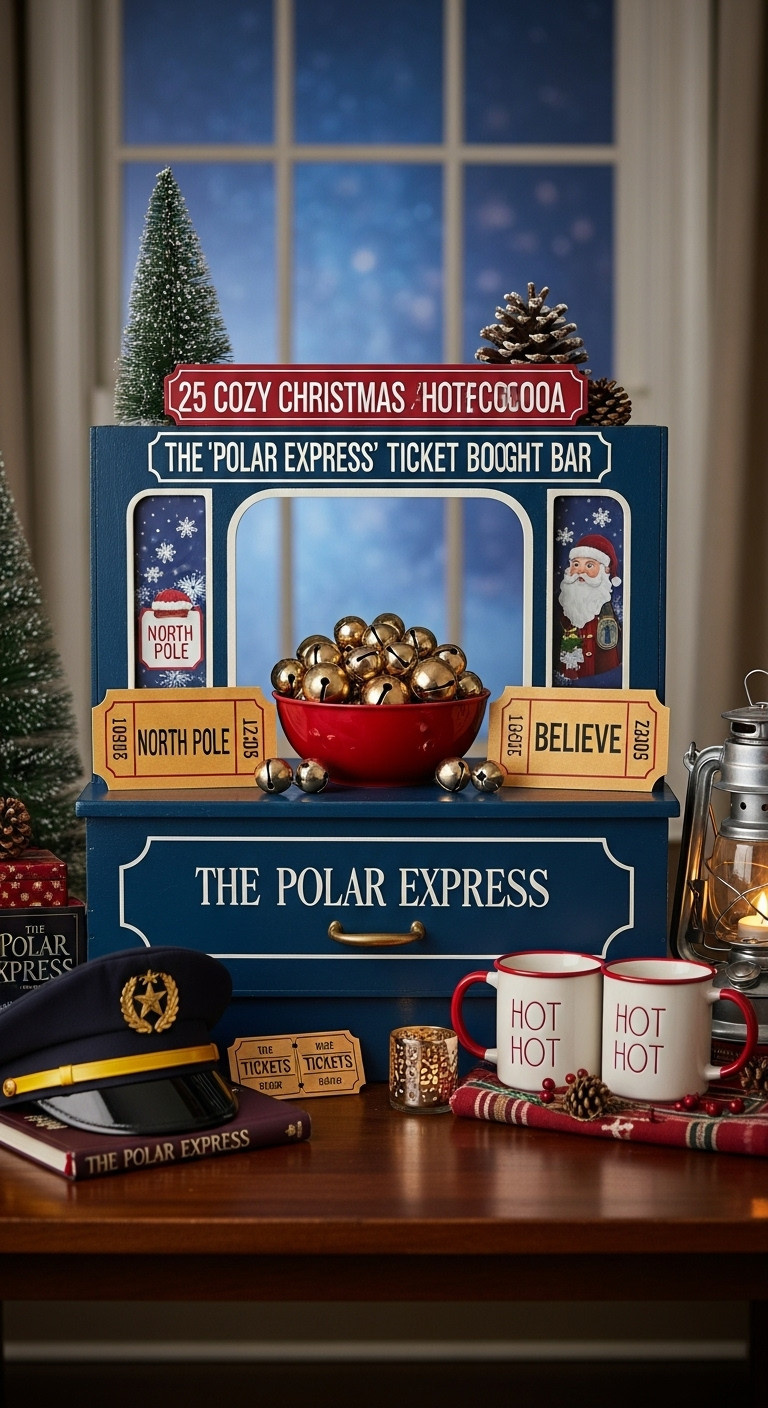 Polar Express themed hot cocoa bar with North Pole sign jingle bells Believe tickets and a conductor's hat