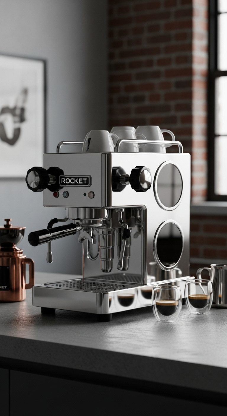 Polished Rocket Appartamento early edition espresso machine with circular side panel cutouts grinder and glass espresso cups