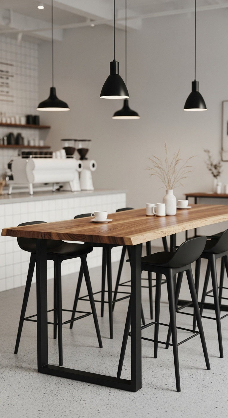 Polished modern rustic coffee shop interior with live edge wood communal table and minimalist black stools