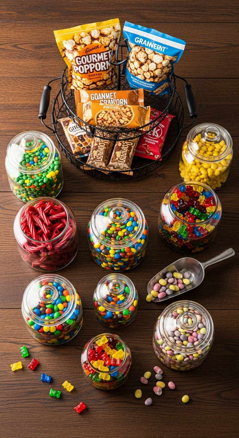 Polished snack station with glass apothecary jars filled with colorful candies and gourmet popcorn on a dark wood counter