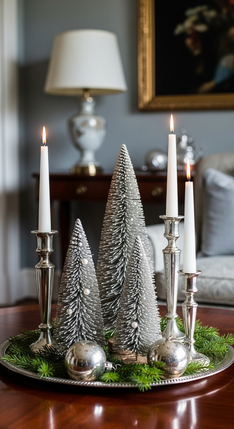 Polished vintage silver tray with frosted mini Christmas trees silver candlesticks and fresh winter greenery on a mahogany coffee table