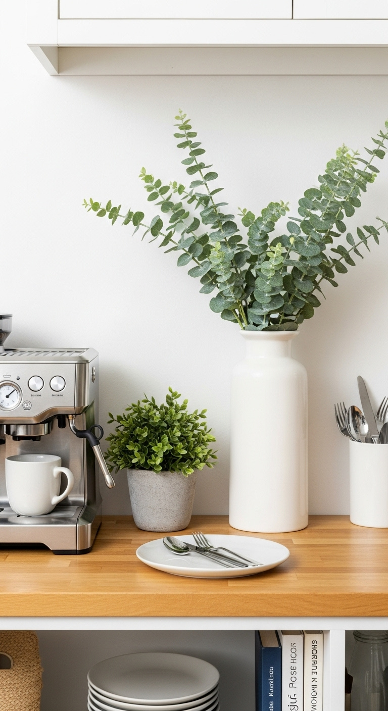Pop of greenery station on coffee bar with vibrant green potted plant eucalyptus stems and coffee machine on light wood counter