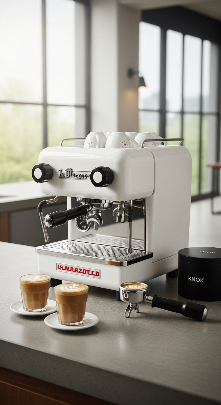 Pristine white La Marzocco Linea Mini espresso machine with iconic paddle group and red logo on a polished concrete countertop