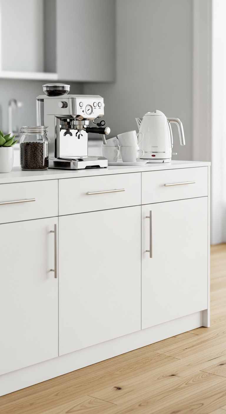 Pristine white modern buffet cabinet with silver handles used as a coffee bar with an espresso machine kettle and mugs