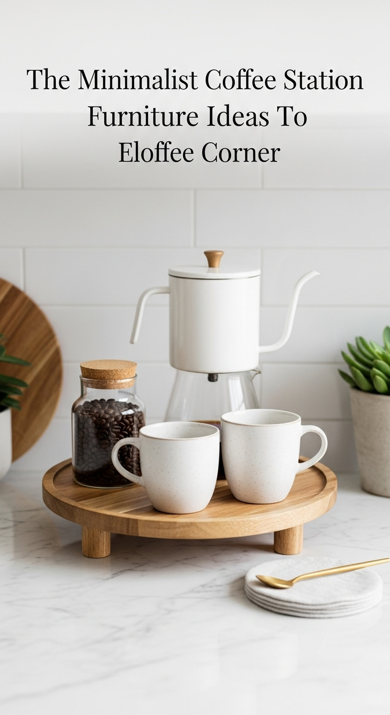 Pristine white quartz countertop with a minimalist coffee station on a wooden tray pour-over maker mugs and succulent