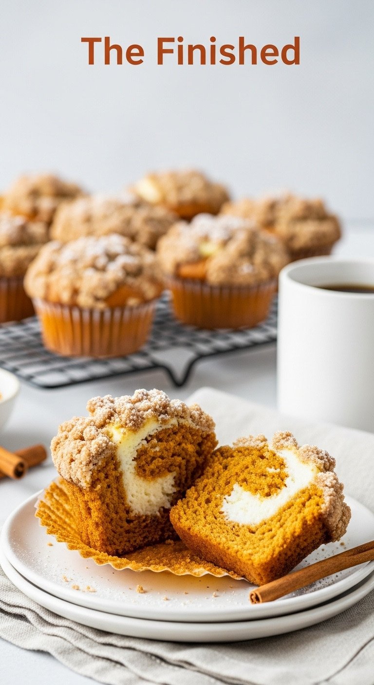 Pumpkin coffee cake muffin broken in half revealing cream cheese swirl and streusel on a white plate with powdered sugar and cinnamon