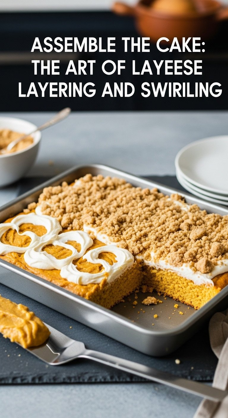 Pumpkin coffee cake with cream cheese swirl and streusel in a baking pan ready for oven on a slate surface with spatula and streusel bowl