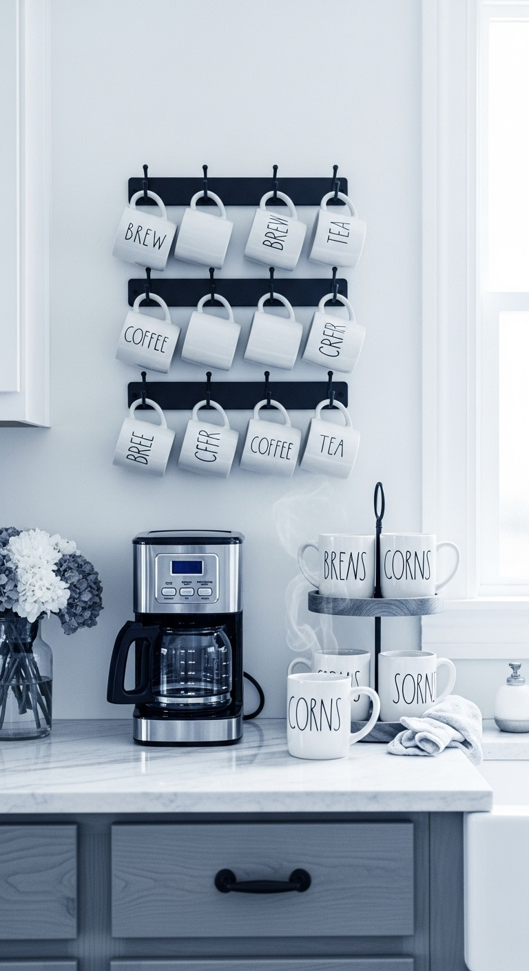 Rae Dunn inspired mug display on black metal rack with mugs labeled BREW COFFEE TEA above coffee maker and tiered tray