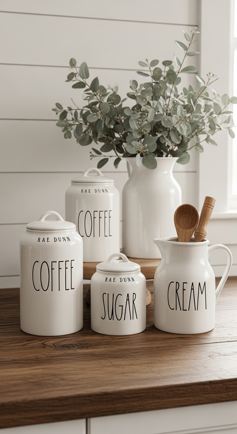 Rae Dunn pottery on coffee bar with white ceramic canisters labeled COFFEE SUGAR CREAM on wooden countertop