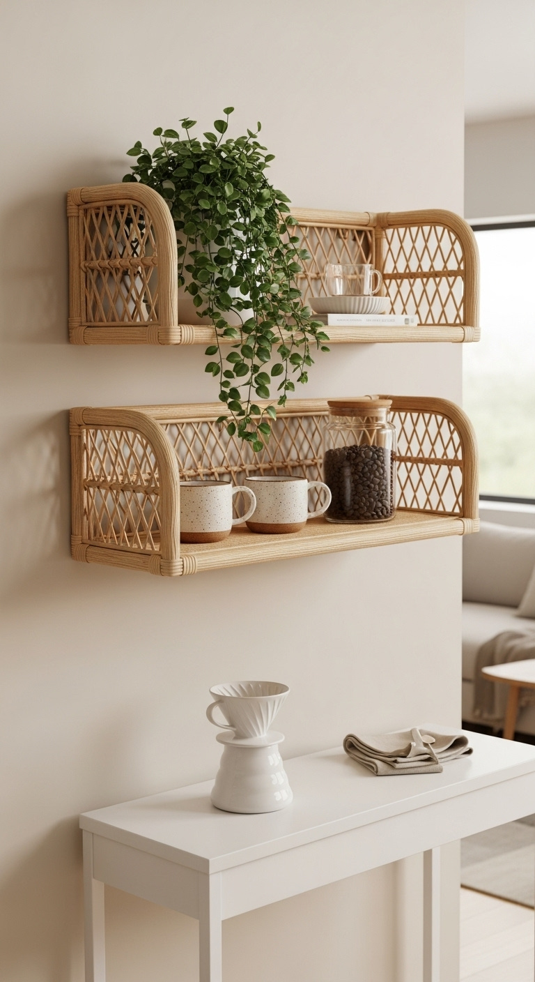 Rattan shelving nook with woven rattan floating shelves displaying ceramic mugs coffee beans a trailing plant and a pour over dripper