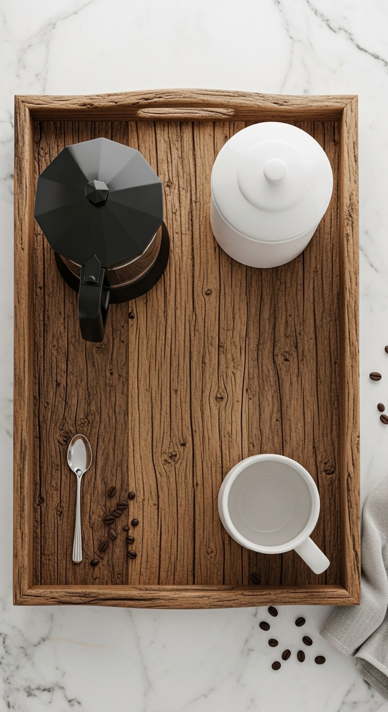 Reclaimed wood tray coffee station with black coffee maker white ceramic canister and mug on white marble countertop