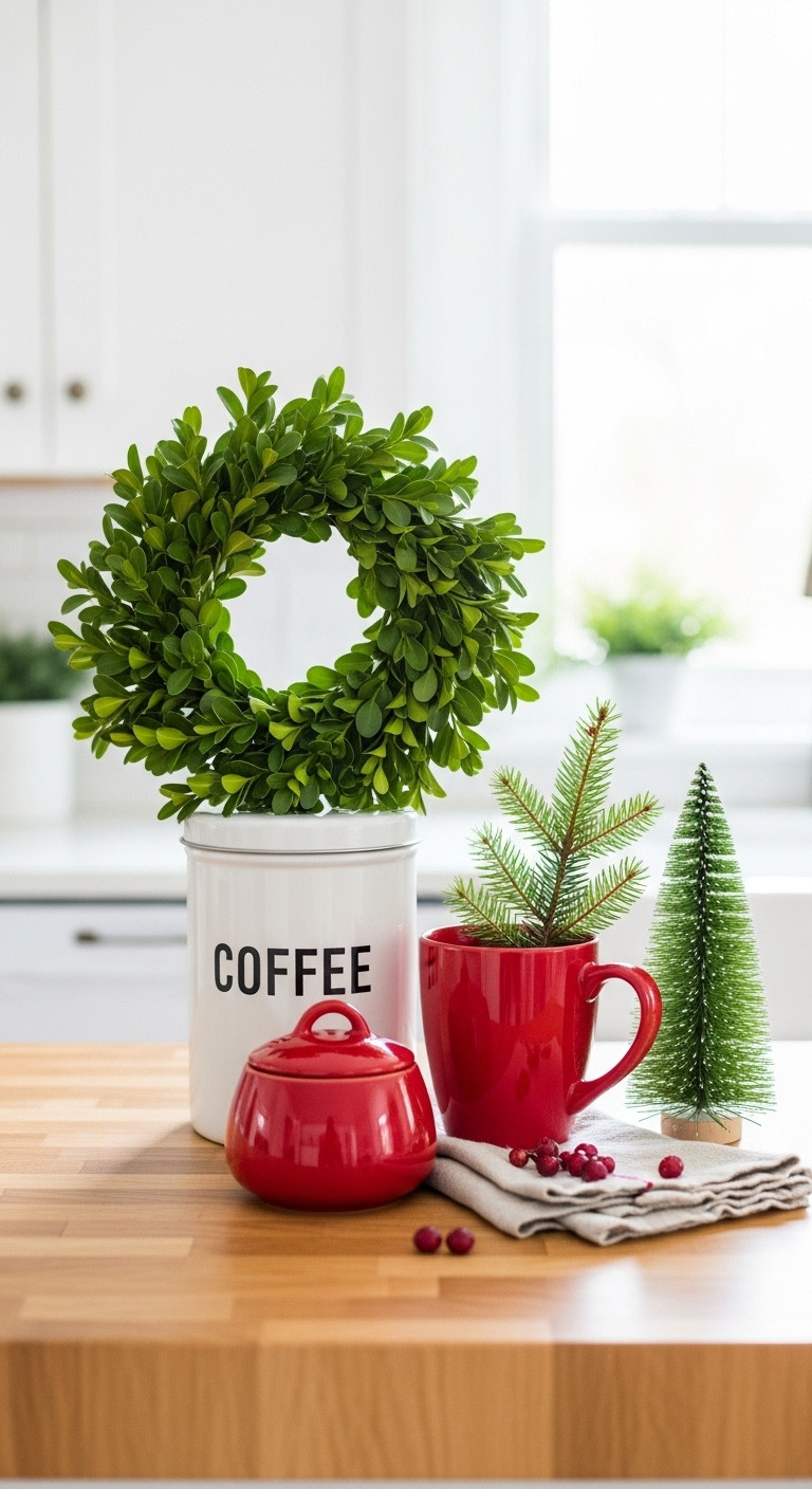 Red and white Christmas coffee bar detail with boxwood wreath pine sprig and bottle brush tree on an oak countertop
