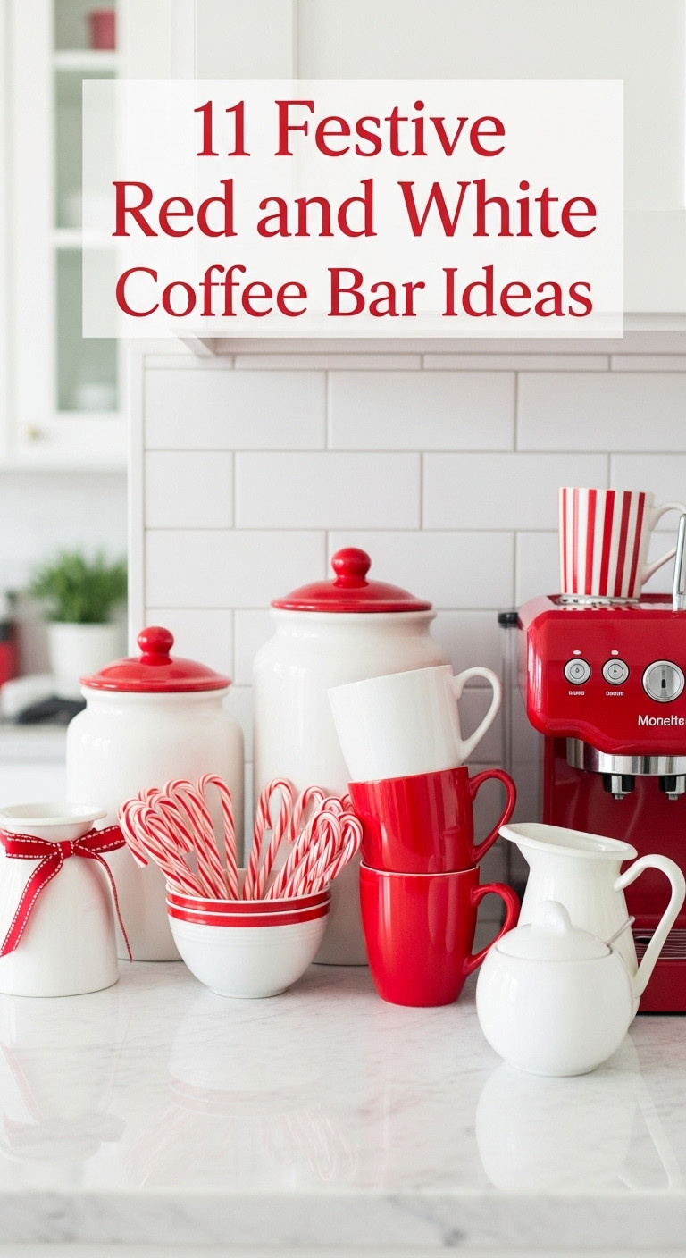 Red and white Christmas coffee bar with festive mugs candy canes and a red coffee machine on a white marble countertop