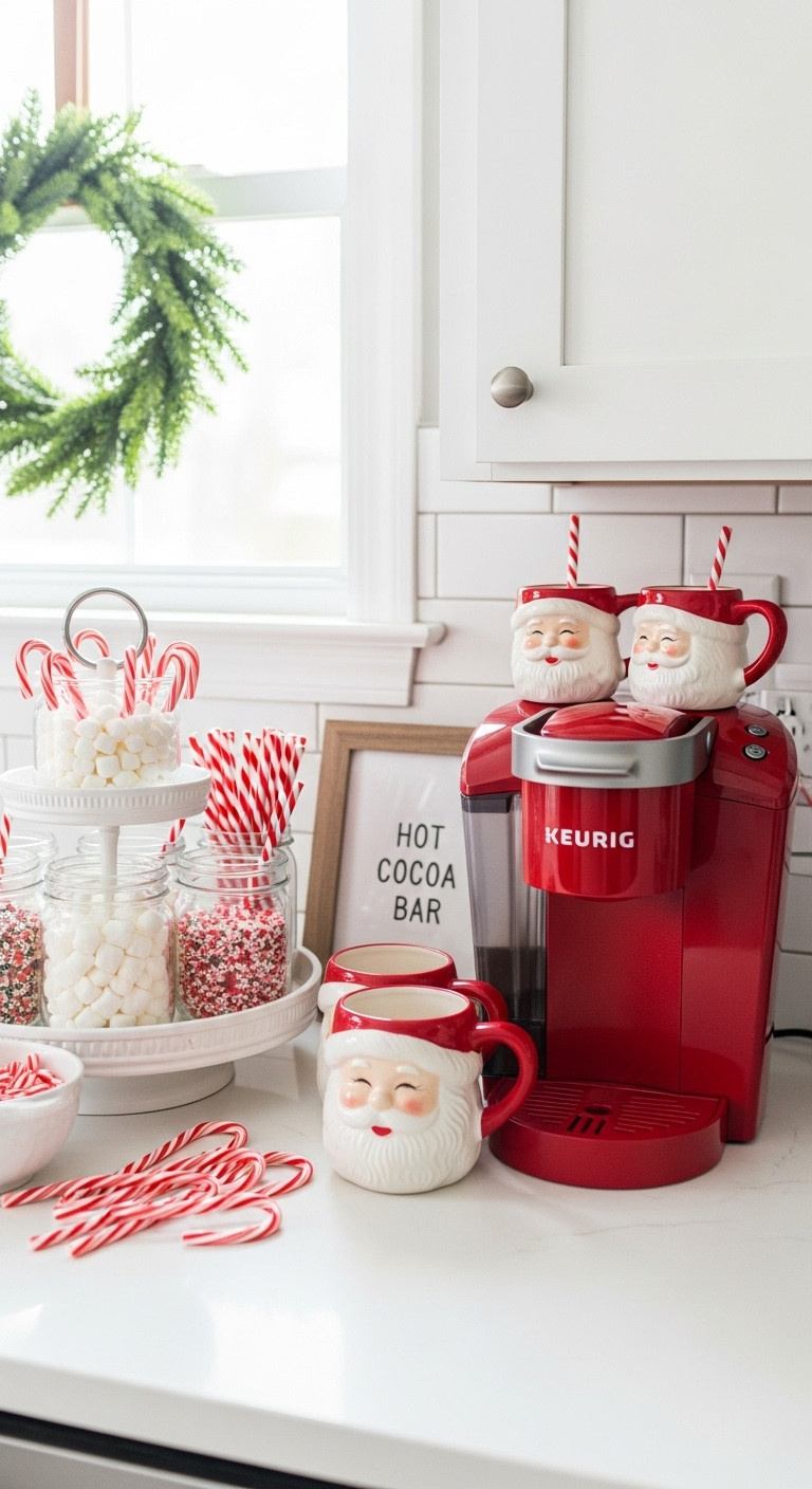 Red and white peppermint themed hot cocoa and coffee bar with tiered tray Santa mugs and red Keurig coffee maker