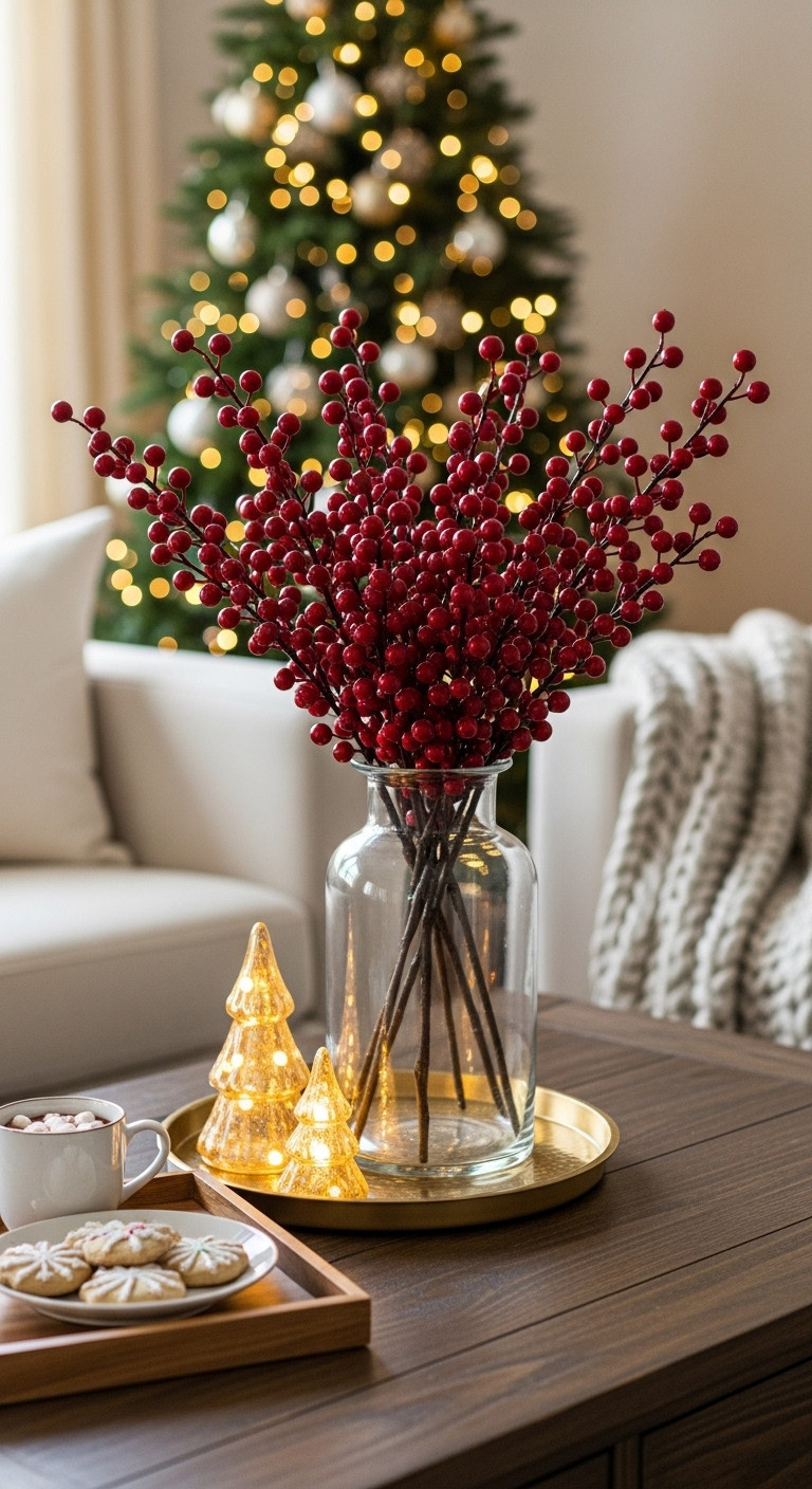 Red berry branches in glass vase on a coffee table with glowing Christmas trees hot cocoa and cookies in a cozy living room setting