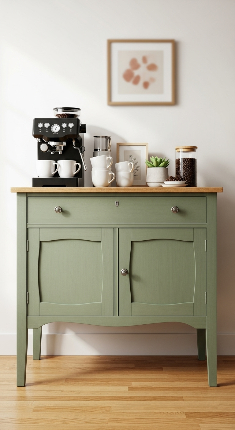 Refinished sage green vintage cabinet repurposed as a cozy coffee bar with an espresso machine mugs and succulent on a light oak floor
