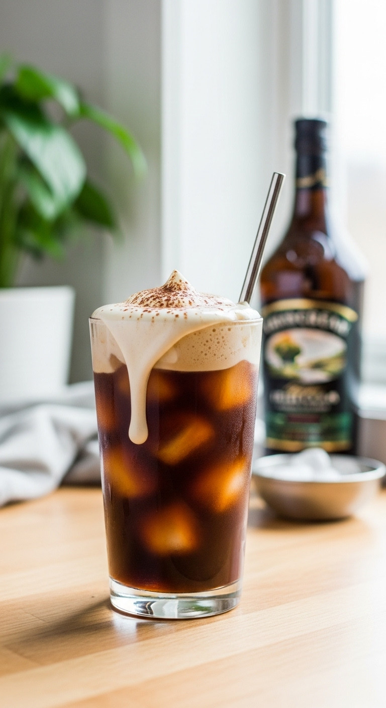 Refreshing Festive Irish Cream Cold Brew with cold foam and cocoa powder, with a stainless steel straw and Irish Cream liqueur