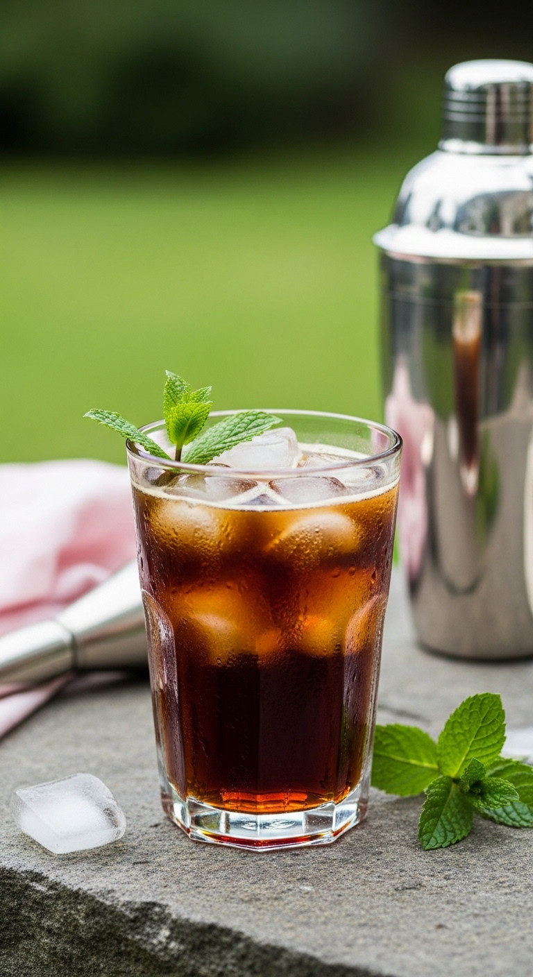 Refreshing Iced Mint Irish Coffee with a mint sprig and cocktail shaker on a stone surface with natural landscape background