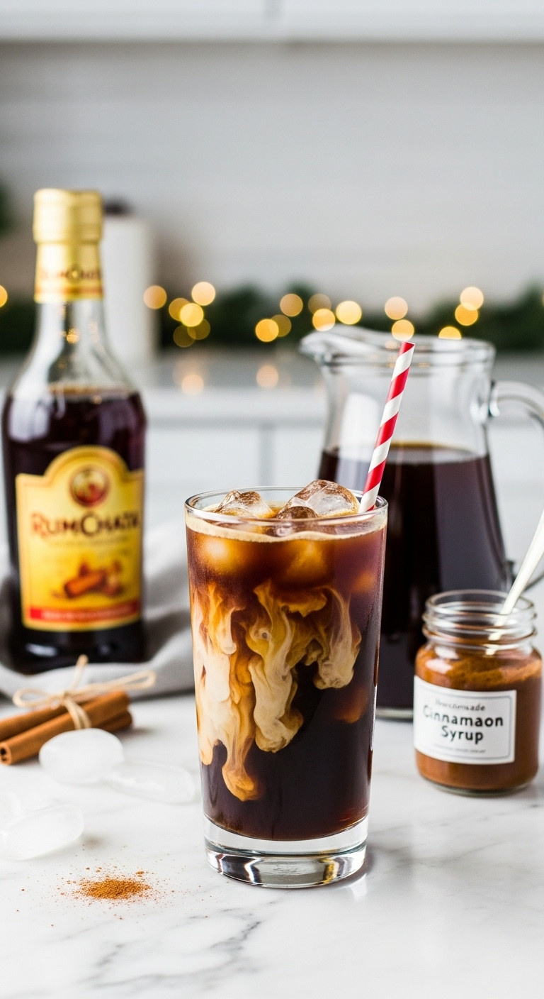 Refreshing Mrs Claus Boozy Iced Coffee with creamy RumChata, red-and-white straw, cold brew, and cinnamon syrup on a marble countertop