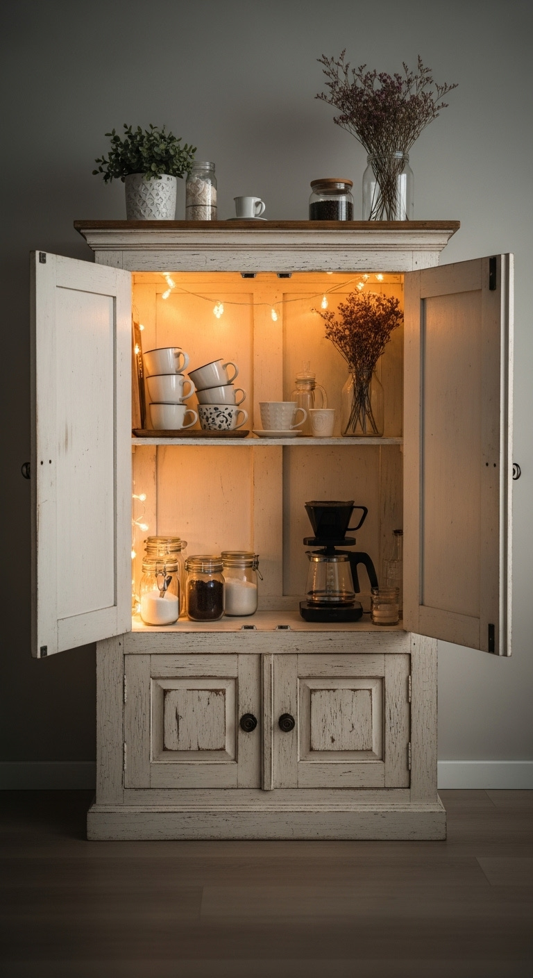 Repurposed cabinet coffee bar with distressed cream paint open doors drip coffee maker and fairy lights inside