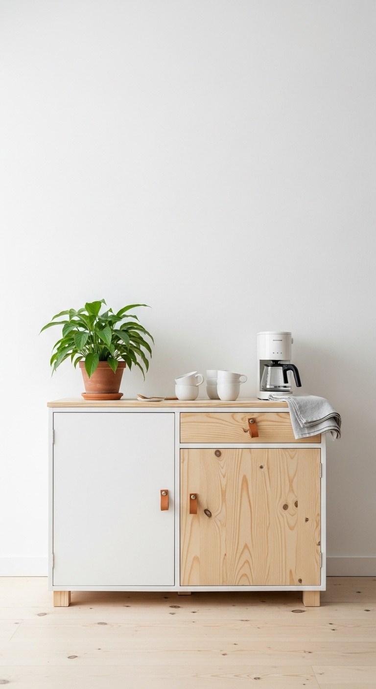 Repurposed china cabinet painted crisp white with natural wood doors and tan leather pulls for a minimalist Scandinavian coffee station