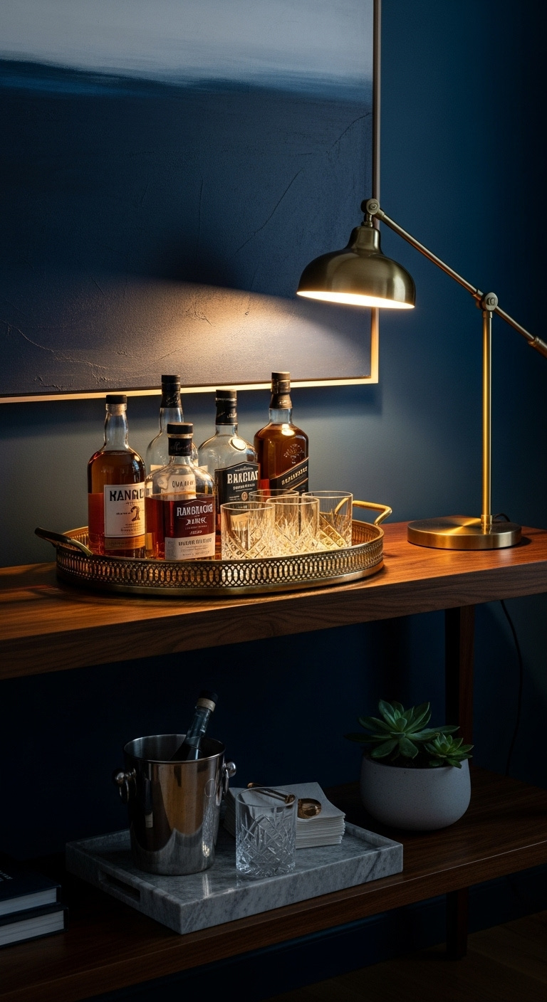 Repurposed console table bar with whiskey bottles crystal glasses and brass lamp on navy wall